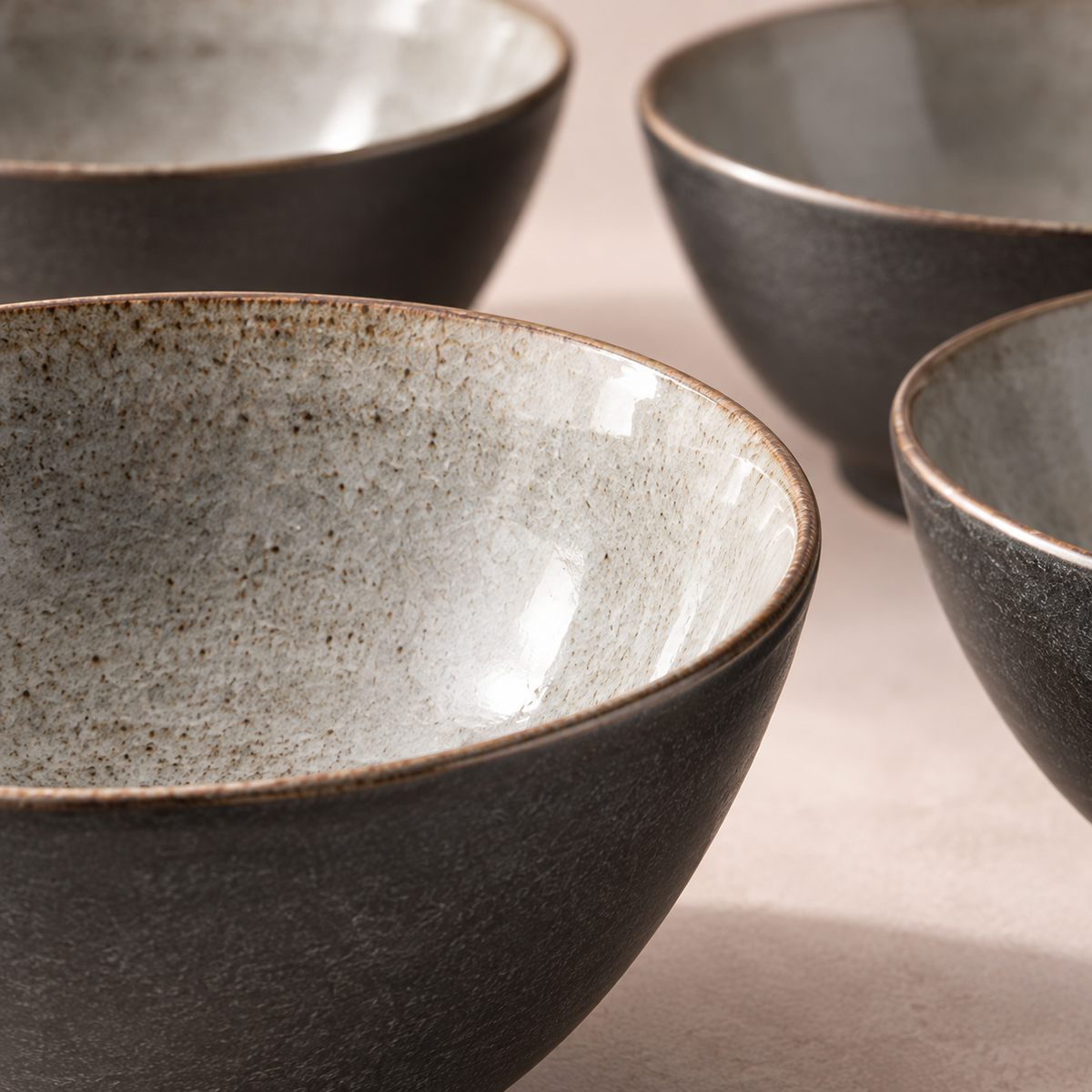 Cinder Ramen Bowl Set in charcoal outside, smoke grey inside — shape and glaze detail