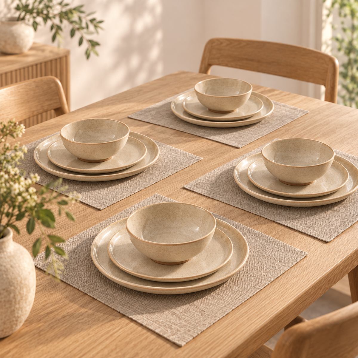 Dune Rim Dinnerware Set in sand beige — table setting