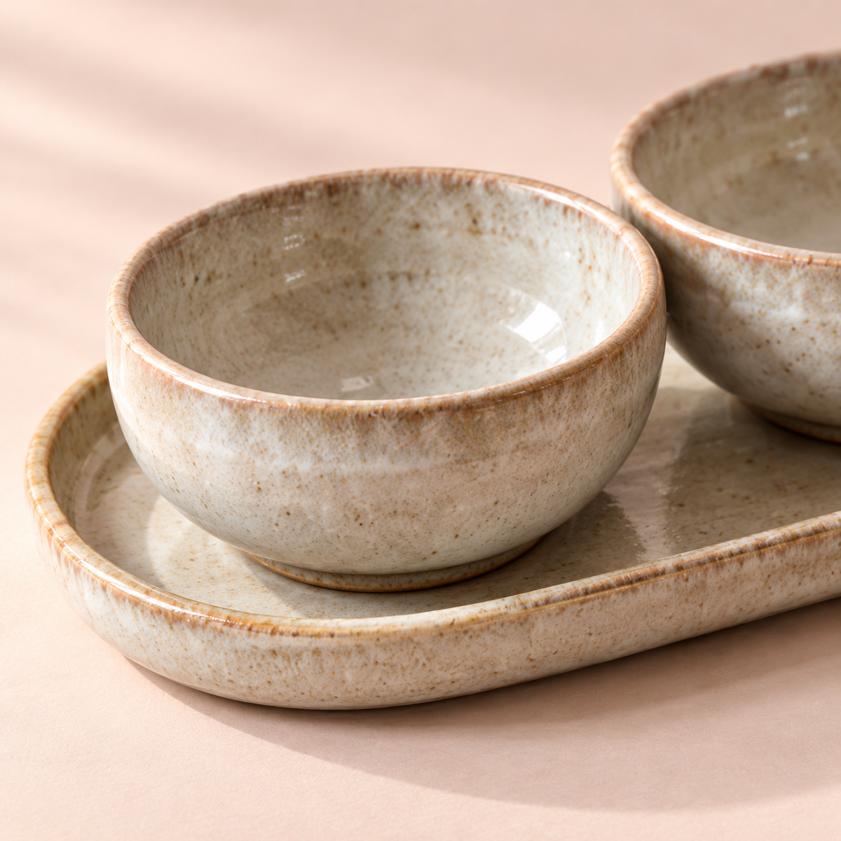 Fossil Condiment Bowl Set in pale fossil grey — shape and glaze detail