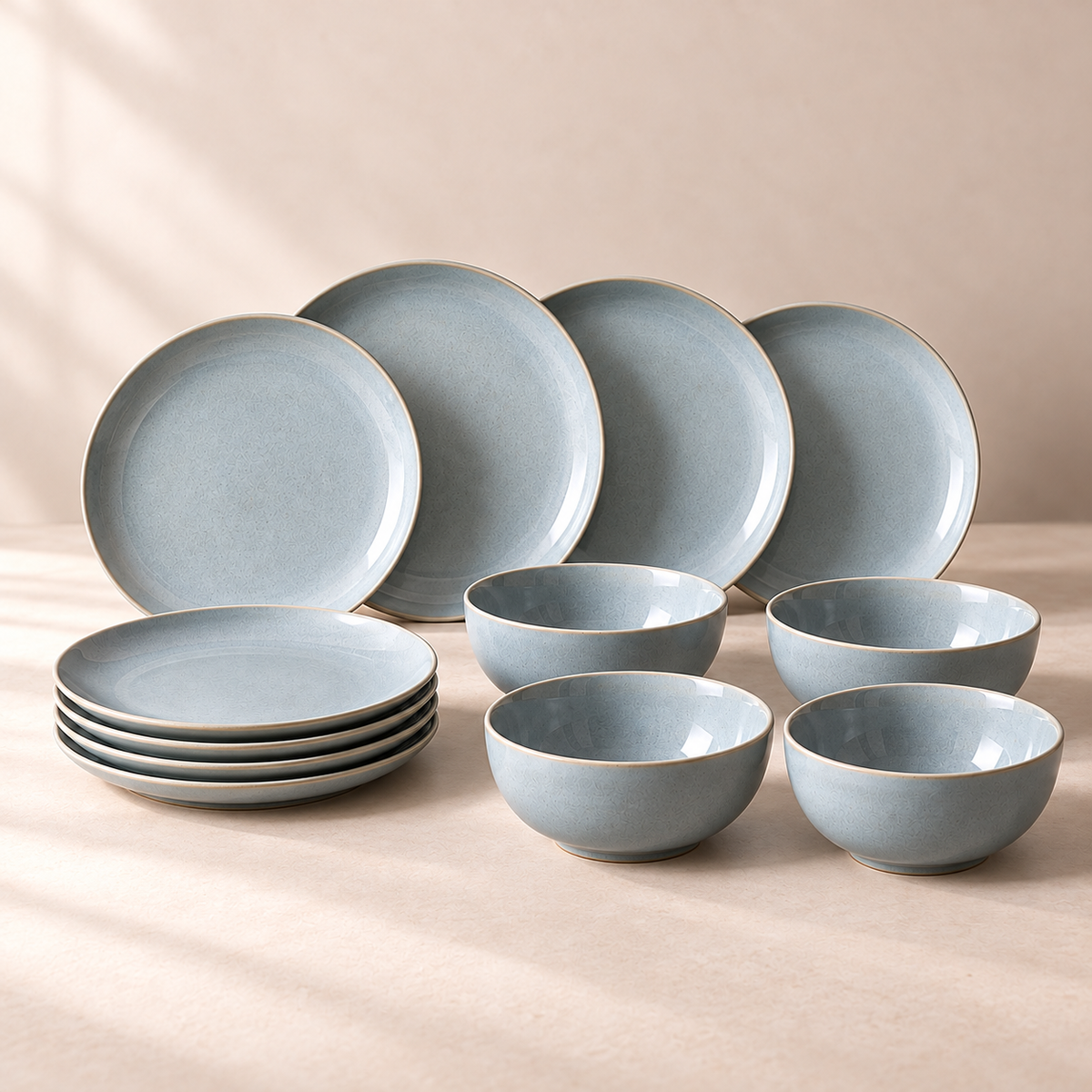 Mist Coupe Dinnerware Set in mist blue-grey — another view of the same set