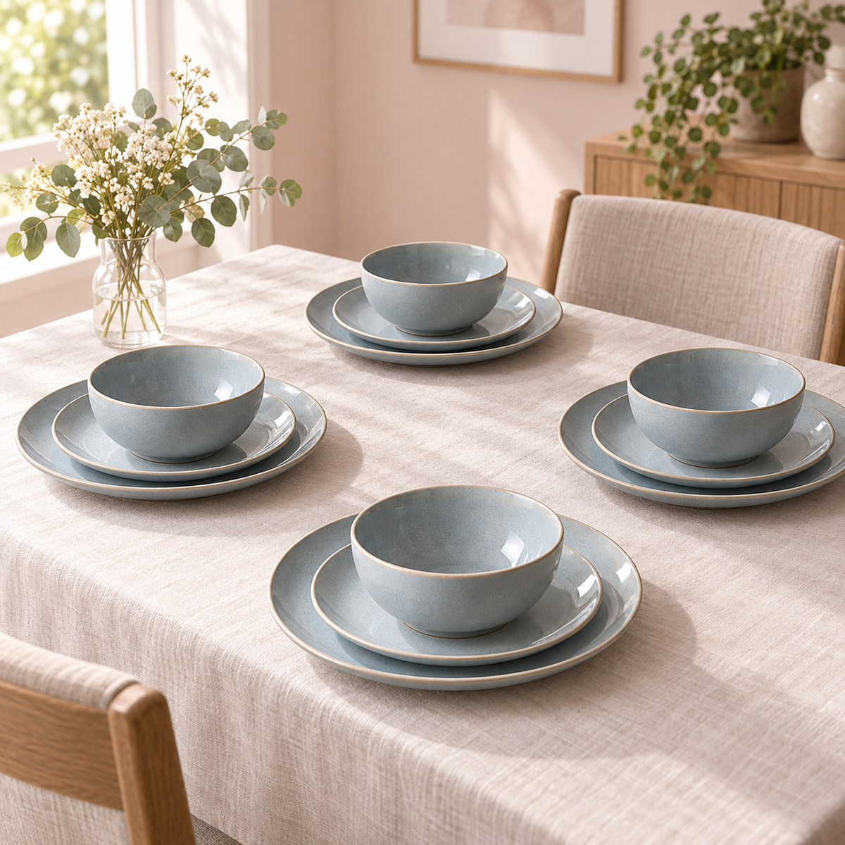 Mist Coupe Dinnerware Set in mist blue-grey — table setting