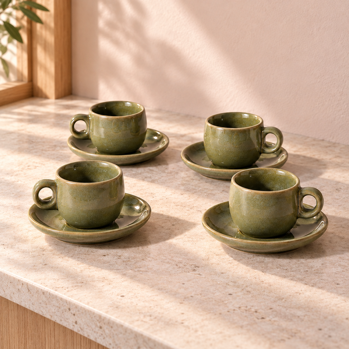 Moss Espresso Cup & Saucer Set in muted moss green — table setting