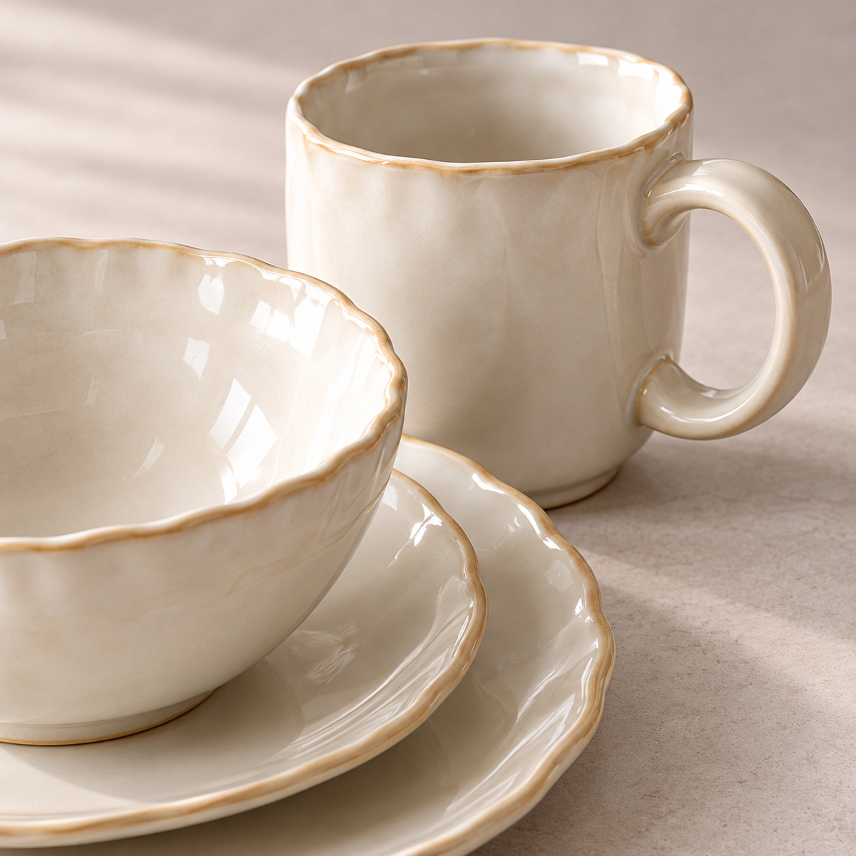 Pearl Tide Dinnerware Set in soft ivory — shape and glaze detail