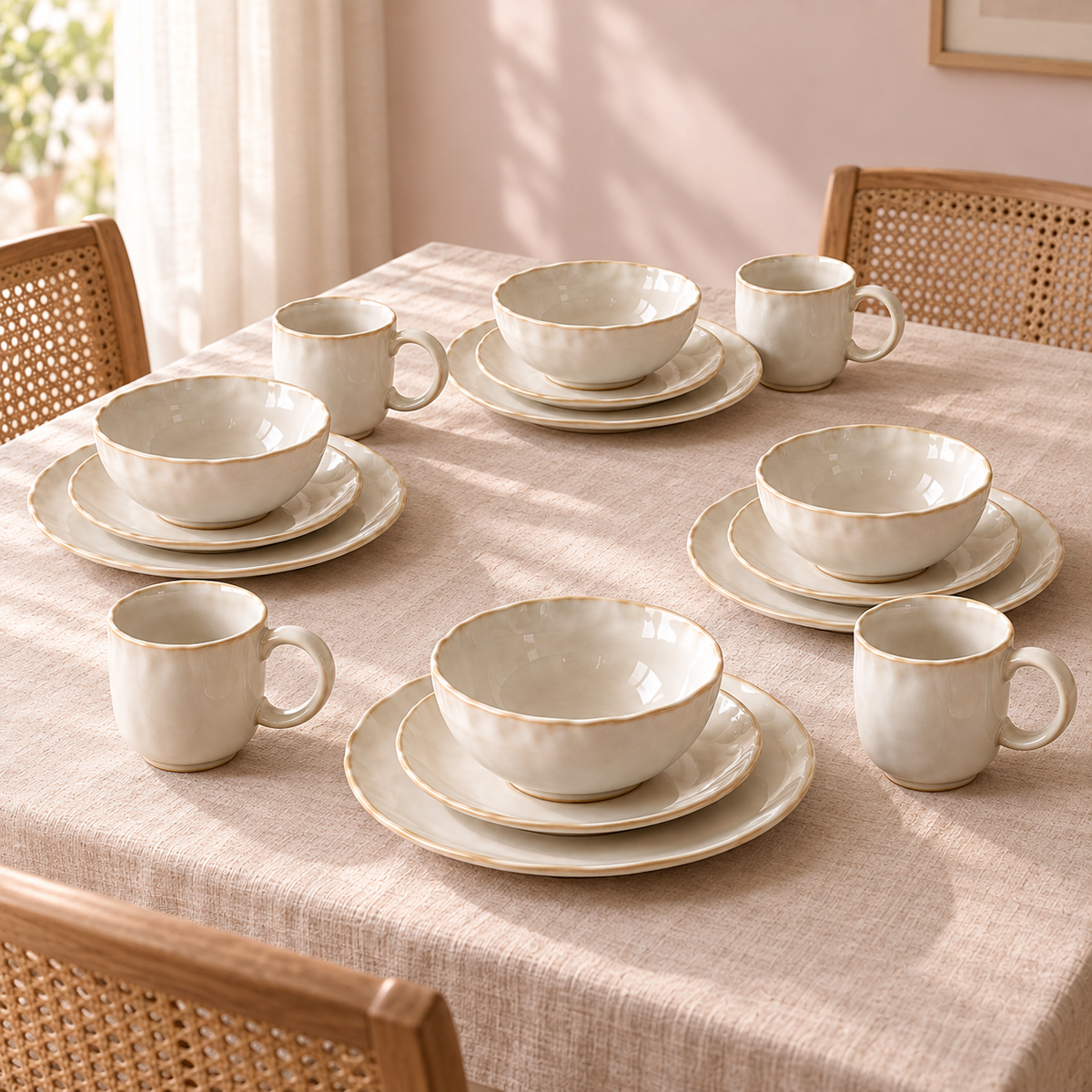 Pearl Tide Dinnerware Set in soft ivory — table setting