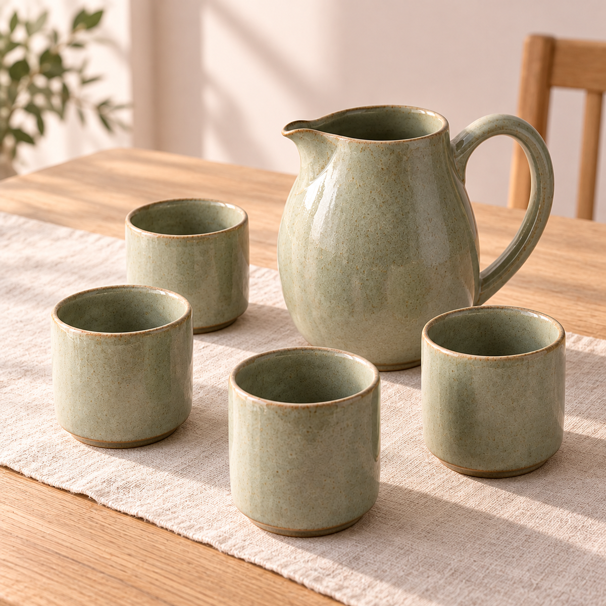 Reed Pitcher & Cup Set in reed grey-green — table setting