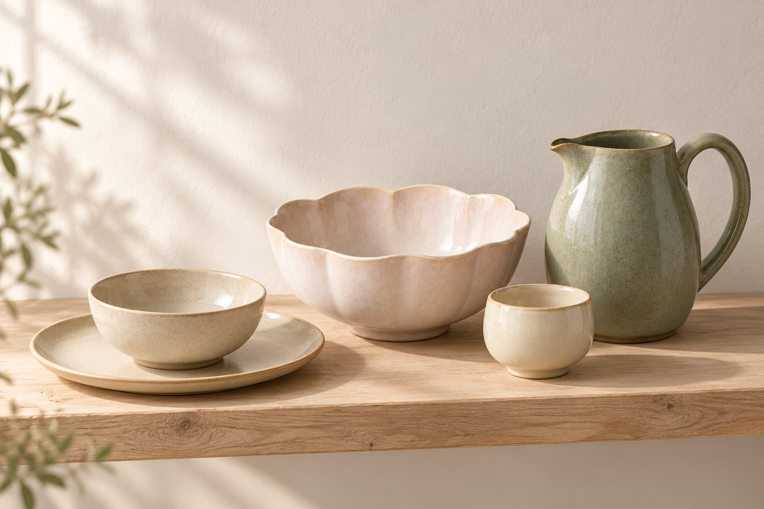 Glazoram ceramic plate, bowls and tea vessels on a light wooden display shelf