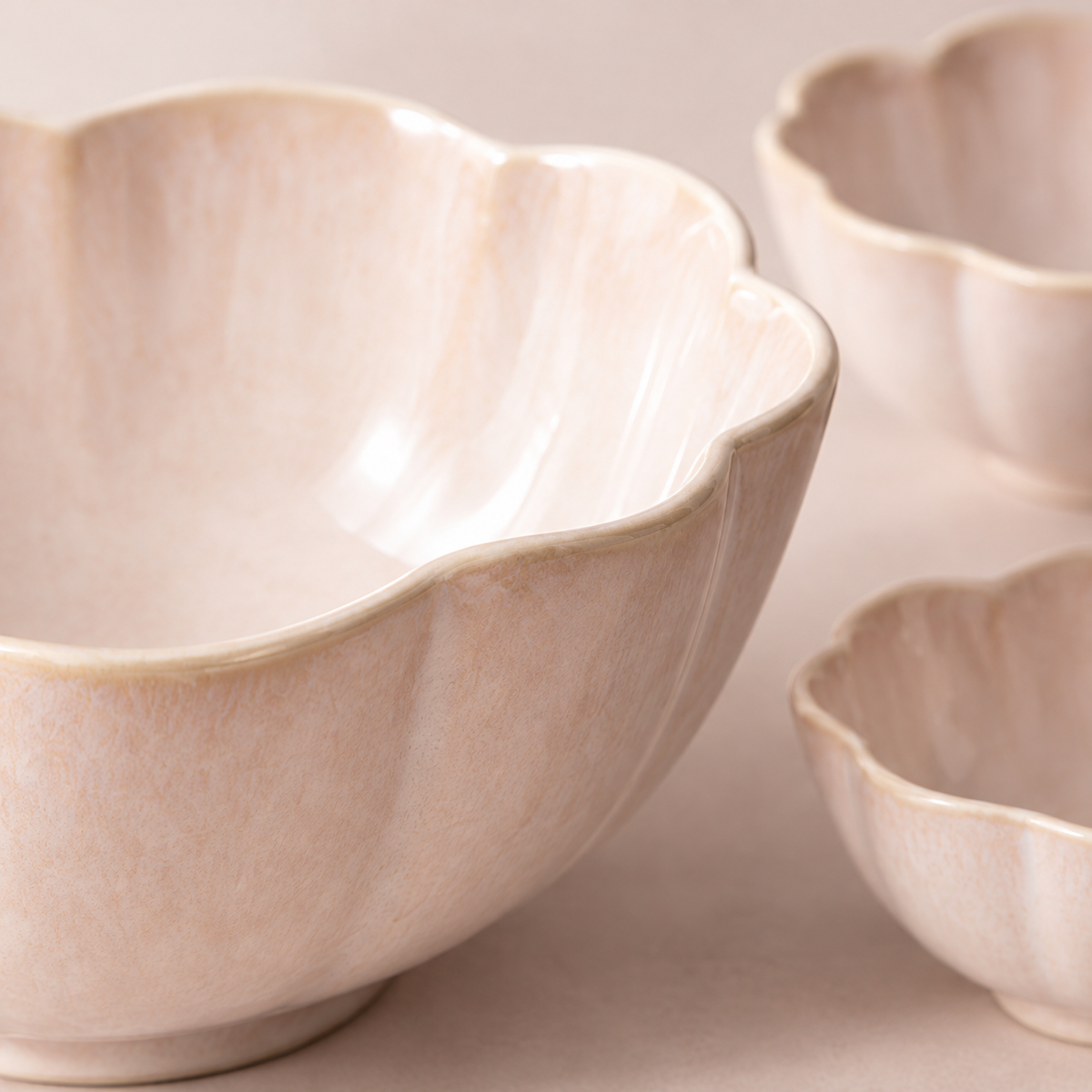 Chalk Petal Sharing Bowl Set in warm chalk — shape and glaze detail