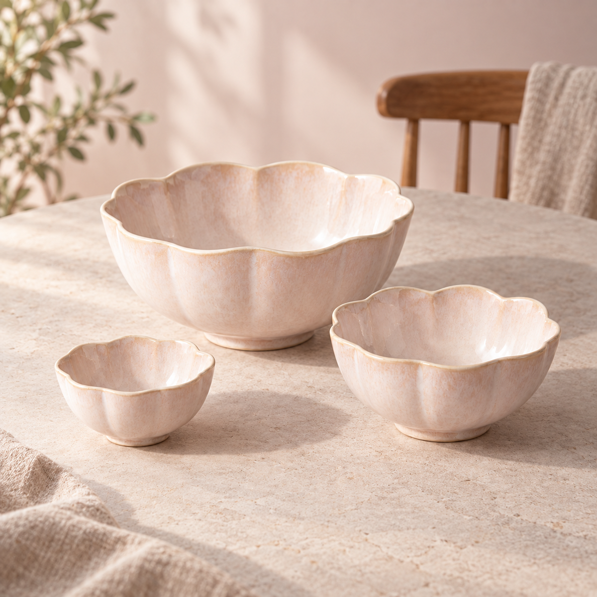 Chalk Petal Sharing Bowl Set in warm chalk — table setting