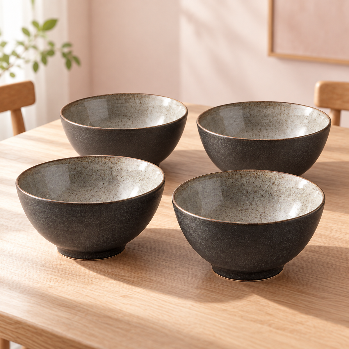 Cinder Ramen Bowl Set in charcoal outside, smoke grey inside — table setting