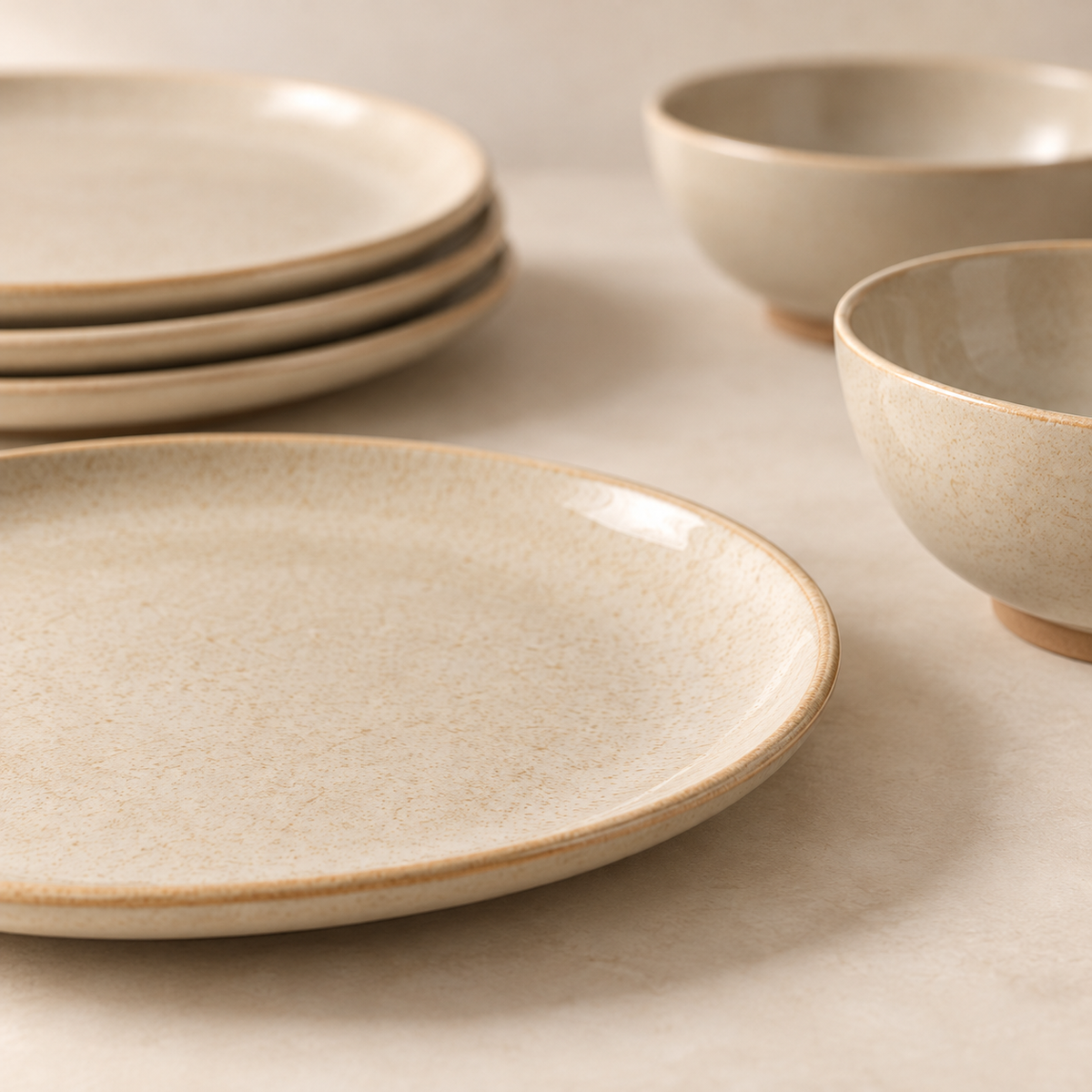 Dune Rim Dinnerware Set in sand beige — shape and glaze detail