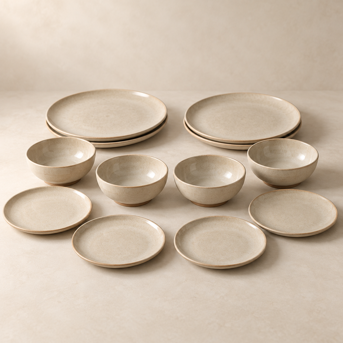 Dune Rim Dinnerware Set in sand beige — complete set