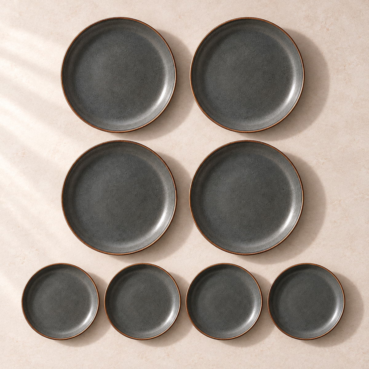 Ember Halo Dinnerware Set in charcoal with rust-brown rim — another view of the same set