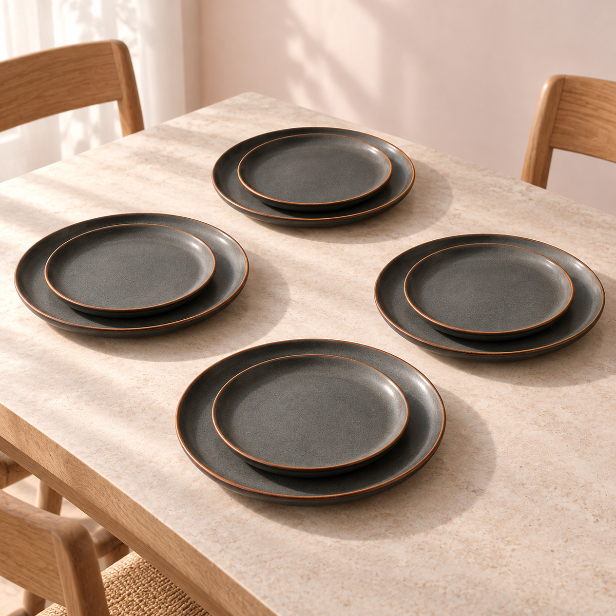 Ember Halo Dinnerware Set in charcoal with rust-brown rim — table setting