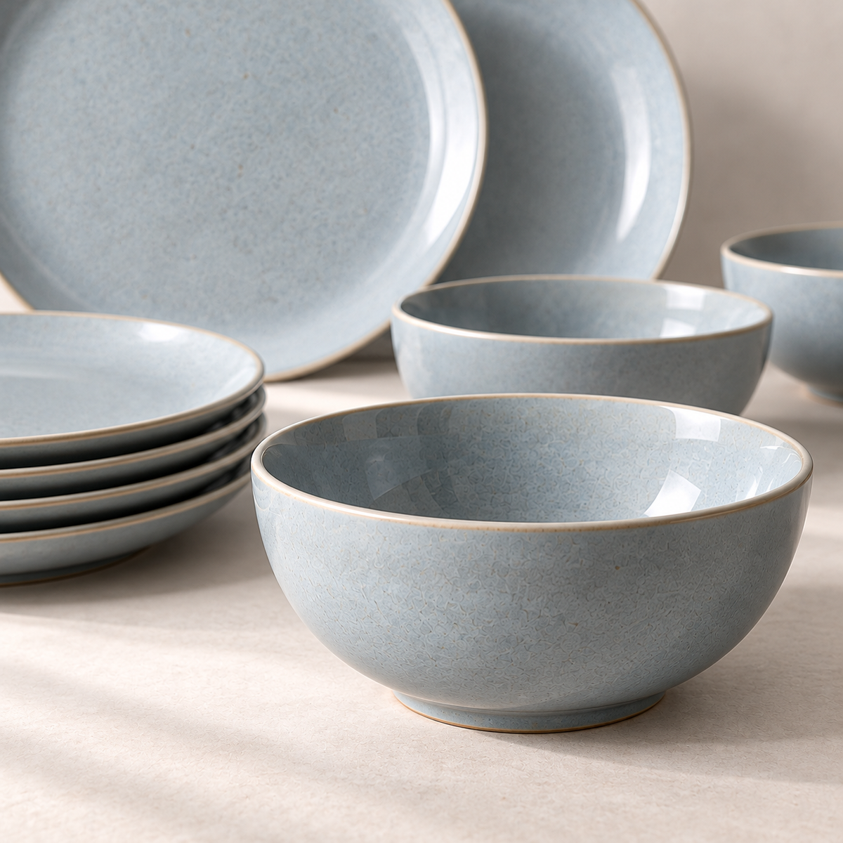 Mist Coupe Dinnerware Set in mist blue-grey — shape and glaze detail