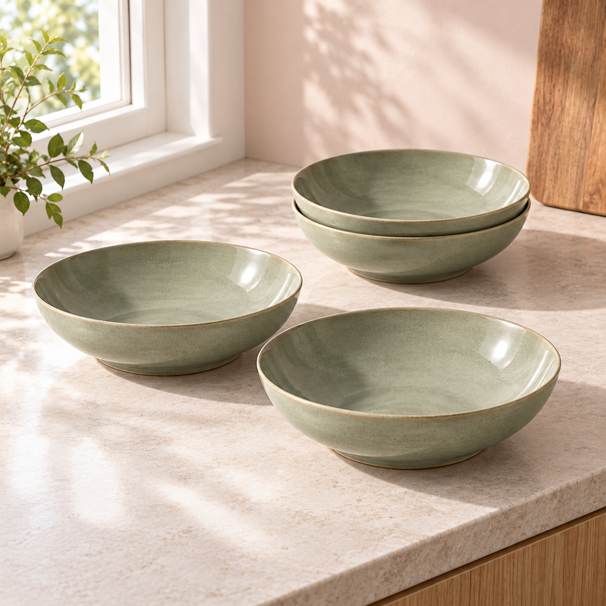 Sage Arc Pasta Bowl Set in grey sage — table setting